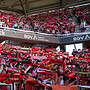 Schals in die Höhe: Die Fans des SC Freiburg singen das Badnerlied vor Beginn des letzten Heimspiels der vergangenen Saison. Foto: Santiago Fanego